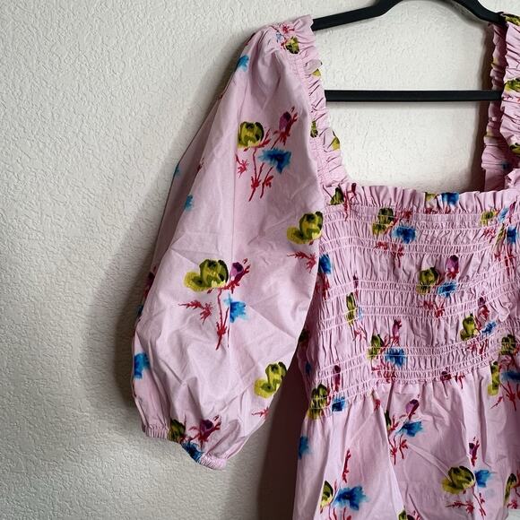 Ganni Lilac Floral Smock Top Square Neck Puff Sleeve Spring Size 44 New V13 - Picture 9 of 13